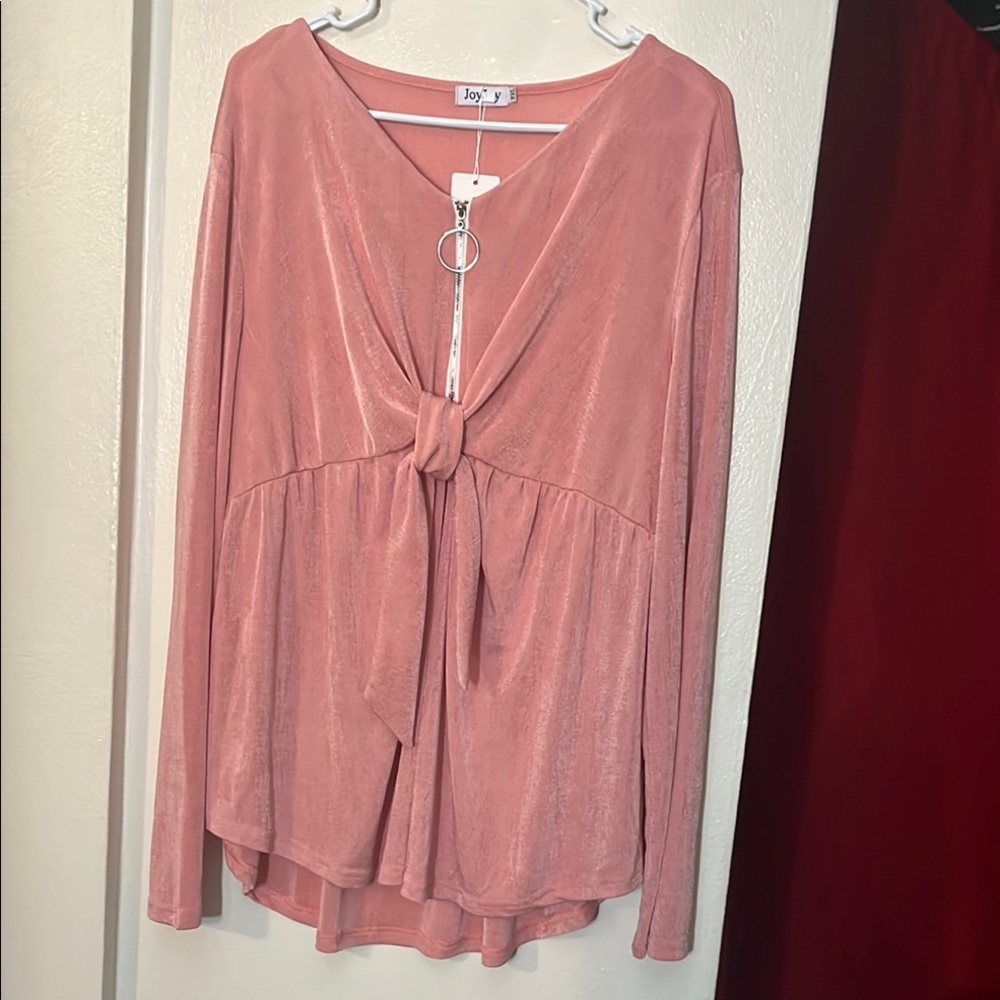 Joy Joy Pink Long Sleeve Tie Front Blouse
